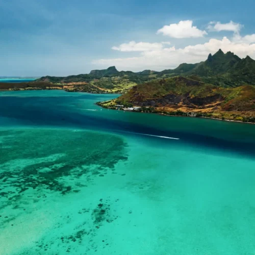 The view from the bird's eye view on the coast of Mauritius. Amazing landscapes of Mauritius